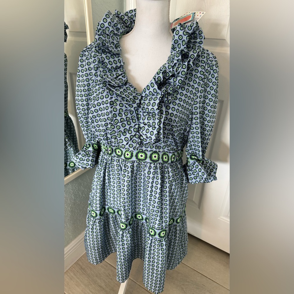 NWT Gretchen Scott Posh Foulard Dress Periwinkle Ruffle Puff Sleeve Mini Sz L
